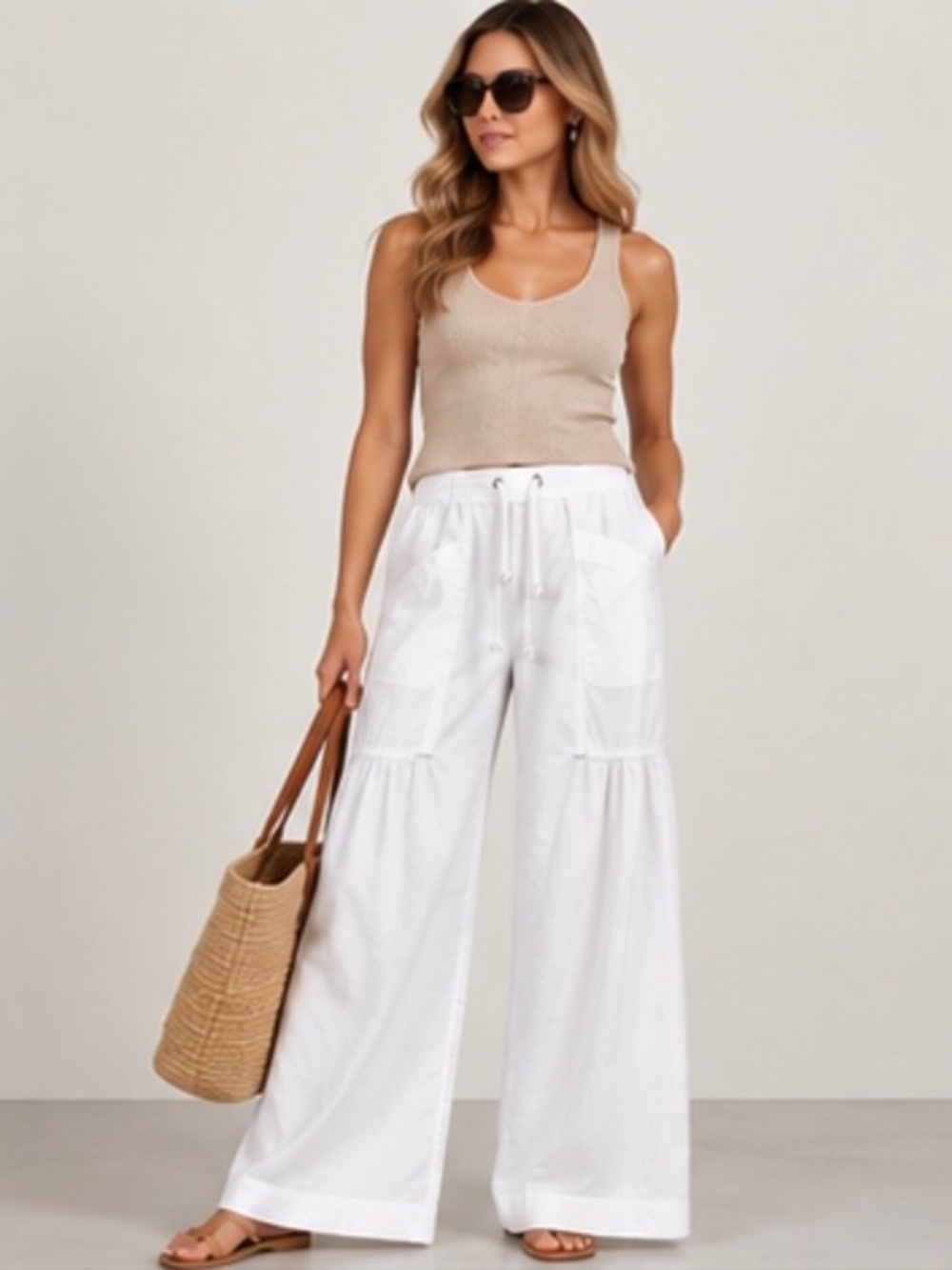 XCVI Women’s S White Ruched Wide Leg Pants Cotton Stretch Drawstring